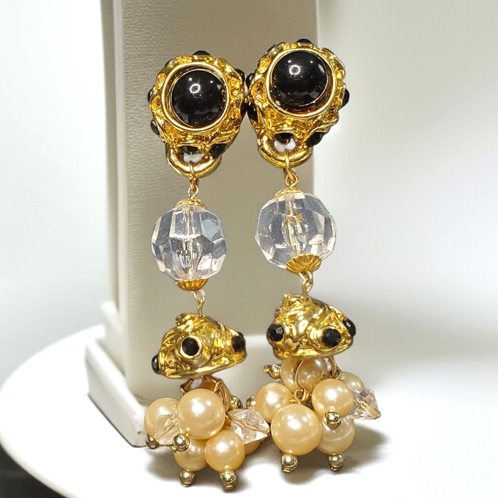 Vintage 1980's Lucite Onyx Pearl Huge Statement Clip-on Earrings